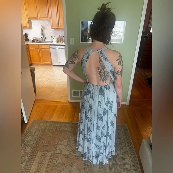 Marchesa Notte • Blue & Silver Floral Maxi Dress with open back • size 6 - Picture 6 of 16